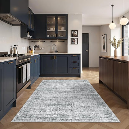 3x5 Washable Area Rug for Entryway, Soft Kitchen Rugs Non Slip for Dining Room, Vintage Abstract Living Room Rug, Thin Area Rugs Indoor for Bedroom, Kids Room Decor(3'x5', Grey/Ivory)