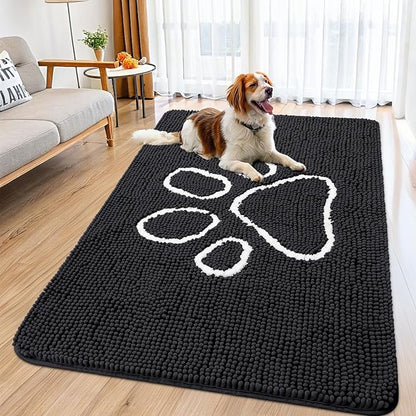 Smiry Dog Door Mat for Muddy Paws, Absorbent Dirt Trapper Non Slip Quick Dry Washable Chenille Mat for Mud Dogs, Entry Rug for Indoor and Outdoor (59x35 Inches, Black and White)