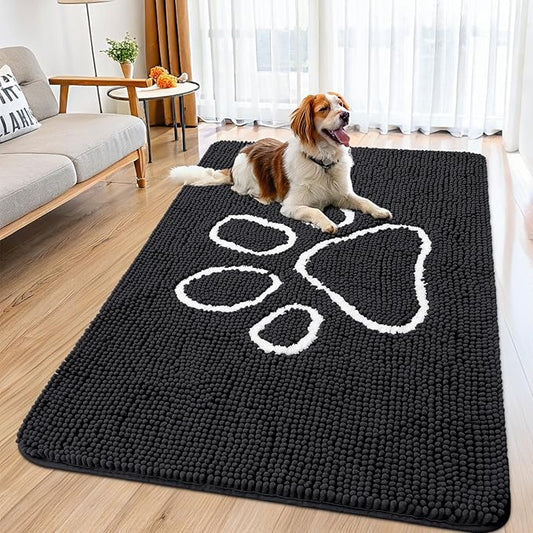 Smiry Dog Door Mat for Muddy Paws, Absorbent Dirt Trapper Non Slip Quick Dry Washable Chenille Mat for Mud Dogs, Entry Rug for Indoor and Outdoor (59x32 Inches, Black and White)