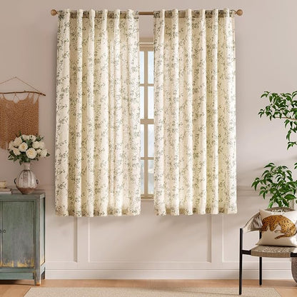Lazzzy Linen Farmhouse Curtains Green Floral Curtains 63 Inch Length Back Tab Drapes for Living Room Bedroom Light Filtering Country Vintage Rod Pocket Curtain, 2 Panels, Green on Beige