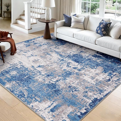 Washable Area Rugs Square 9ft Non-Slip Modern Abstract Soft for Living Room Entryway Bedroom Nursery, Print Pattern, Blue Grey Navy Gray