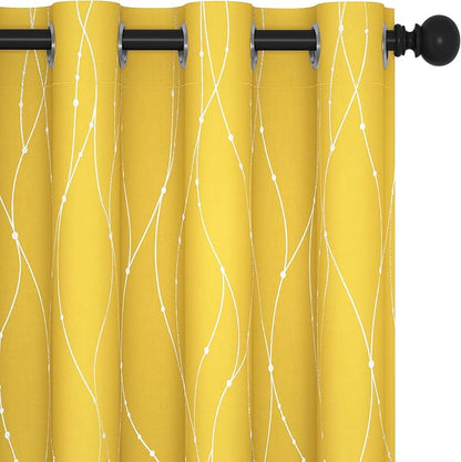 Deconovo Blackout Curtains 108 Inches Long, Yellow Drapes with Wave Dots Foil Print, Thermal Insulated Soundoroof Curtain for Living Room Bedroom, 52 x 108 Inch, Machine Washable Panels, Set of 2