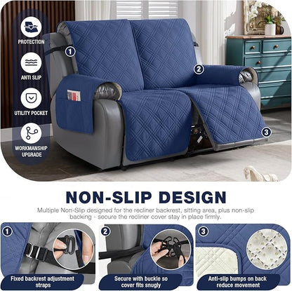 TAOCOCO 100% Waterproof Loveseat Recliner Covers 2 Seater, Split Loveseat Covers for Reclining loveseat, Non Slip Reclining Couch Cover with Double Straps for Kids, Pets(2 Seater, Ocean Blue)