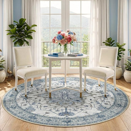RELEANY Area Rugs 5ft Washable Non-Slip, Floral Vintage Distress Print Pattern Medallion Carpet for Living Room Bedroom Dining Room, Light Blue Navy Beige Gray White