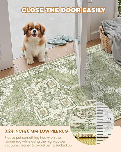 Hallway Runner Rug 2x12, Extra Long Washable Runner Rugs with Rubber Backing, Non Slip Runner, Vintage Rug Runners for Kitchen Laundry Room Entryway (Light Green,2'x12')