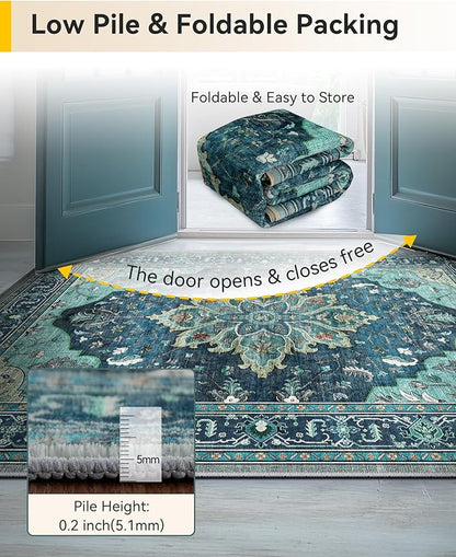 RELEANY Area Rugs 6'x8' Washable Non-Slip, Floral Vintage Distress Print Pattern Medallion Carpet for Living Room Bedroom Dining Room, Teal Green Lake Blue Turquoise