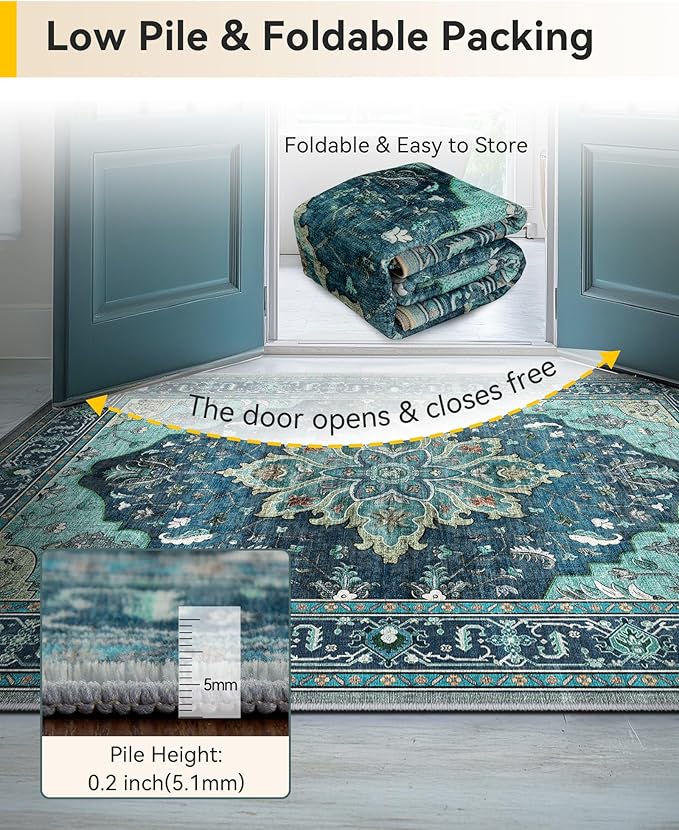 RELEANY Area Rugs Square 6ft Washable Non-Slip, Floral Vintage Distress Print Pattern Medallion Carpet for Living Room Bedroom Dining Room, Teal Green Lake Blue Turquoise