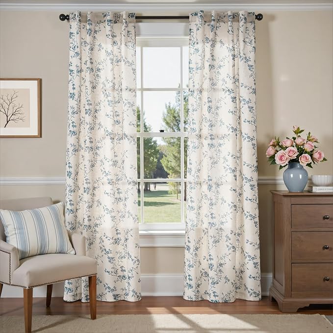 Lazzzy Blue Floral Linen Curtains 90 Inch Farmhouse Back Tab Drapes for Living Room Bedroom Light Filtering Vintage Grandmillennial Rod Pocket Curtains, 2 Panels, W38 x L90, Blue on Beige