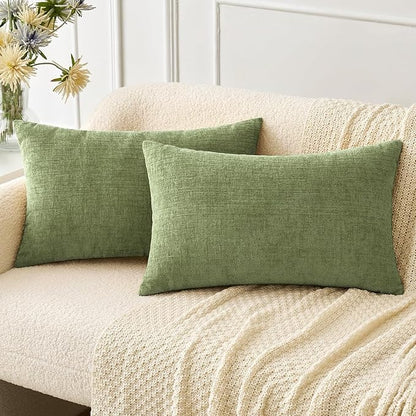 MIULEE Pack of 2 Couch Throw Pillow Covers 14x22 Inch Spring Soft Sage Green Chenille Lumbar Pillow Covers for Sofa Living Room Solid Dyed Cases