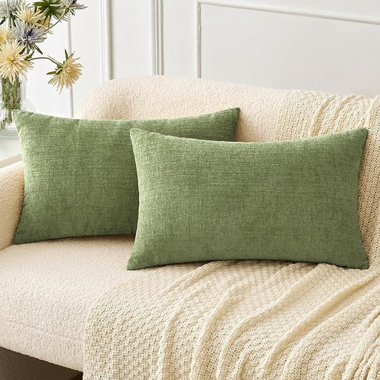 MIULEE Pack of 2 Couch Throw Pillow Covers 14x24 Inch Spring Soft Sage Green Chenille Lumbar Pillow Covers for Sofa Living Room Solid Dyed Cases