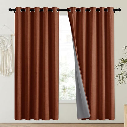 NICETOWN 100% Absolutely Blackout Linen Curtains with Thermal Insulated Liner, 62" Wide, 2 Panels, 63" Long Drapes, Grommet Retro Burnt Orange Linen Curtains Vertical Drapes Privacy for Kitchen