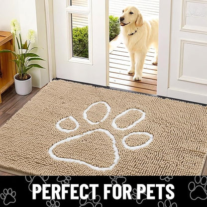 Smiry Dog Door Mat for Muddy Paws, Absorbent Dirt Trapper Non Slip Quick Dry Washable Chenille Mat for Mud Dogs, Entry Rug for Indoor and Outdoor (24x16 Inches, Beige and White)
