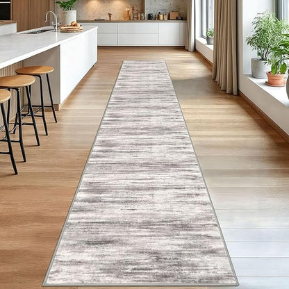 KOZYFLY Modern Abstract Washable Rug Runner 2.6x16 Hallway Rug Runner Non-Slip Soft Kitchen Runner Rugs, Grey/Light Beige/Brown Striped Carpet for Stair Entryway Bathroom