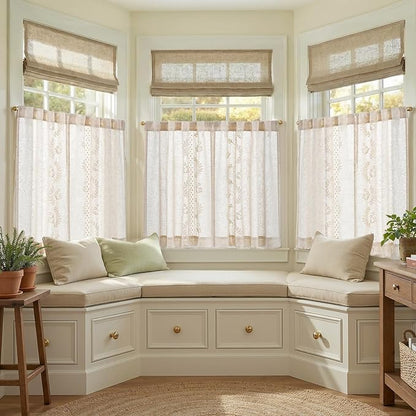 jinchan Belrose Linen Floral Kitchen Curtains 36 inch Length Embroidered Farmhouse Cafe Curtains for Living Room Bathroom Small Windows Curtain Set Sheer Light Filtering 2 Panels Ivory