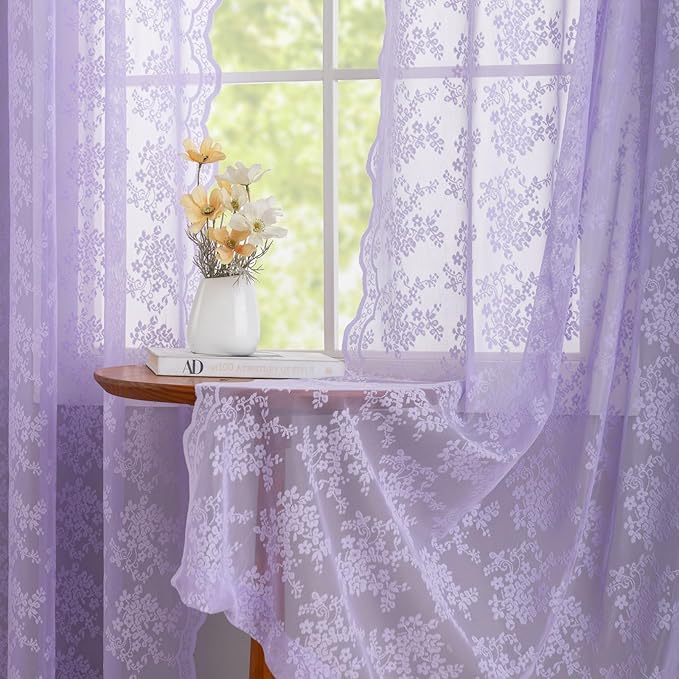 YJ YANJUN Vintage Lace Curtains 84 Inches Long-Victorian Floral Pattern Lavender Sheer Curtain Panels for Living Room Bedroom,Light Filtering, Romantic Girly Drapes 2 Panels 52W x 84L Light Purpel