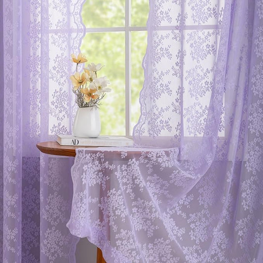 YJ YANJUN Vintage Lace Curtains 72 Inches Long-Victorian Floral Pattern Lavender Sheer Curtain Panels for Living Room Bedroom, Romantic Girls Room Decor 2 Panels 52W x 72L Light Purpel