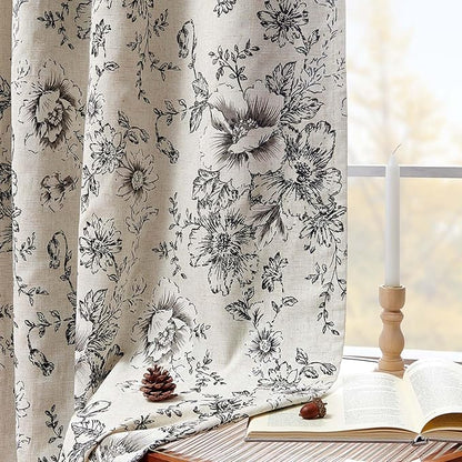 jinchan Blackout Floral Curtains for Living Room Bedroom Linen Blend Curtain Farmhouse Black Printed with Lined Back Tab Rod Pocket Drapes Window Treatments 2 Panels 90 Inch