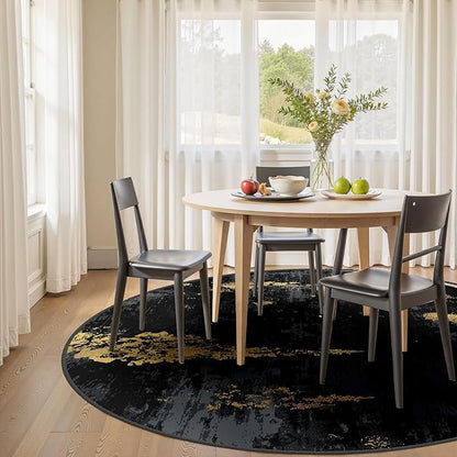 Washable Area Rugs 4ft Non-Slip Modern Abstract Soft for Living Room Entryway Bedroom Nursery, Print Pattern, Dark Black Gold