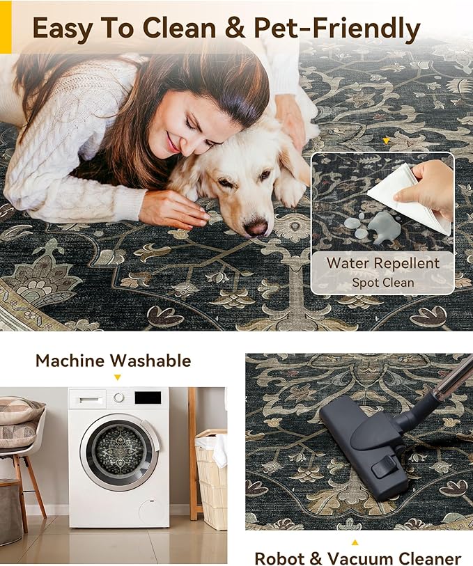 Area Rugs Round 4ft Washable Non-Slip, Floral Vintage Distress Print Pattern Medallion Carpet for Living Room Bedroom Dining Room, Vintage Black Brown Neutral