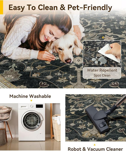 Area Rugs Round 4ft Washable Non-Slip, Floral Vintage Distress Print Pattern Medallion Carpet for Living Room Bedroom Dining Room, Vintage Black Brown Neutral