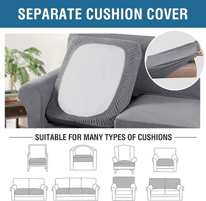 H.VERSAILTEX 4 Piece Stretch Sofa Covers for 3 Cushion Couch Covers for Living Room Furniture Slipcovers (Base Cover Plus 3 Seat Cushion Covers) Upgraded Thicker Jacquard Fabric (Sofa, Dove)