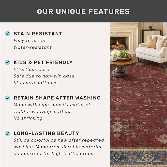 Hazo Haus Moroccan Big Rugs for Living Room - Dark Red 10x14 Area Rug for Large Bedroom, Dining Room, Washable Lightweight Low Pile Foldable Oriental Burgendy Home Décor