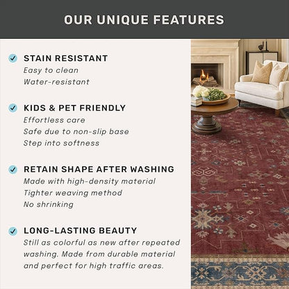 Hazo Haus Moroccan Big Rugs for Living Room - Dark Red 10x14 Area Rug for Large Bedroom, Dining Room, Washable Lightweight Low Pile Foldable Oriental Burgendy Home Décor