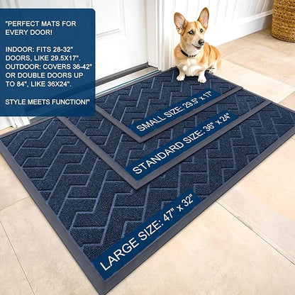 OLANLY Front Door Mat Indoor Outdoor Entrance, Waterproof All-Season, All-Weather Doormat, Sturdy Natural Rubber, Low Profile, Easy Clean Patio Porch Entryway Mat, Herringbone Brick (Blue, 47x17)