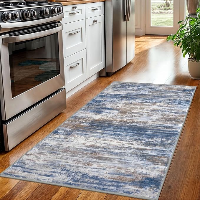 KOZYFLY Modern Abstract 3x5 Large Entryway Rug Non-Slip Washable Area Rug, Blue Rust Throw Rugs Indoor Mat for High-Traffic Door Entrance, Kitchen, Laundry, Nursery, Soft Bedroom Living Room Accent