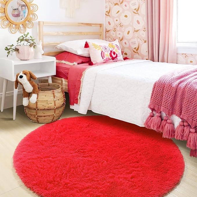 ONASAR Red Round Area Rug 4ft, Soft Bedroom Circle Rugs Floor Mat for Kids Girls Teen Room, Kawaii Fluffy Plush Shaggy Carpet for Nursery Living Room Playroom Christmas Home Decor Princess Castle
