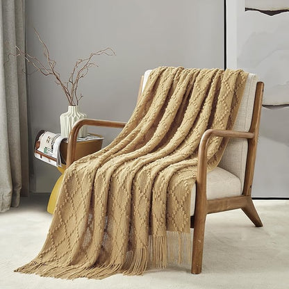 BOURINA Mustard Throw Blanket 50 x70 Inches Jacquard Argyle Throw Textured Solid Soft Throws and Blankets for Sofa or Bed Knitted Decorative Blanket