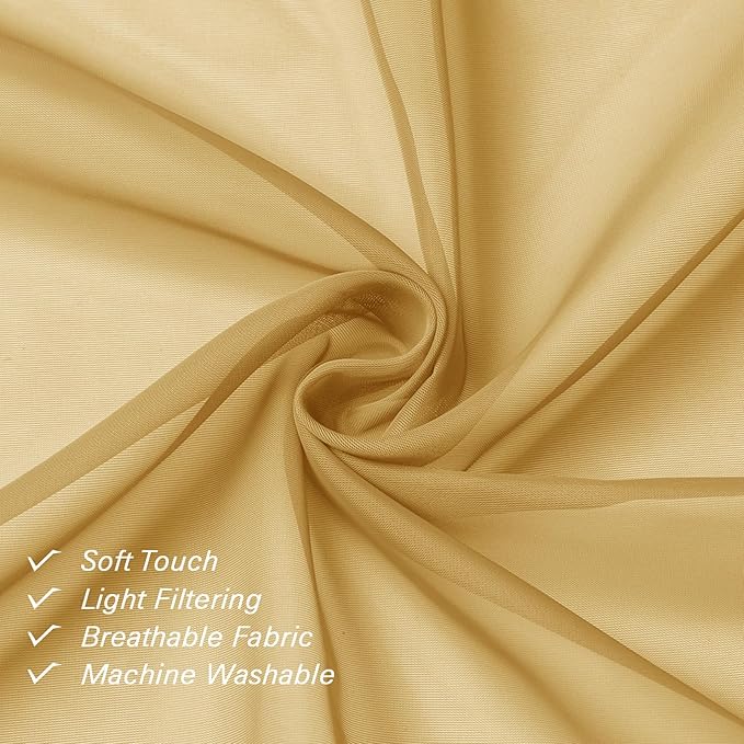 Lecloud Gold Sheer Curtains 96 Inches Long 2 Panels, Breathable Solid Voile Light Filtering Curtain, Lightweight Home Decor Drapes with Rod Pocket for Bedroom Dining Room, Each 42" W x 96" L