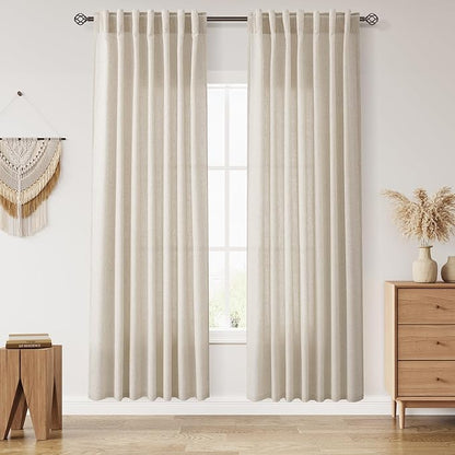Boho Linen Curtains 80 Inch Length for Living Room Light Filtering Semi Sheer Curtain Back Tab Boho Eclectic Home Decor Elegant Luxury Farmhouse Drapes for Bedroom Dinner Room 52x80, 2 Panels