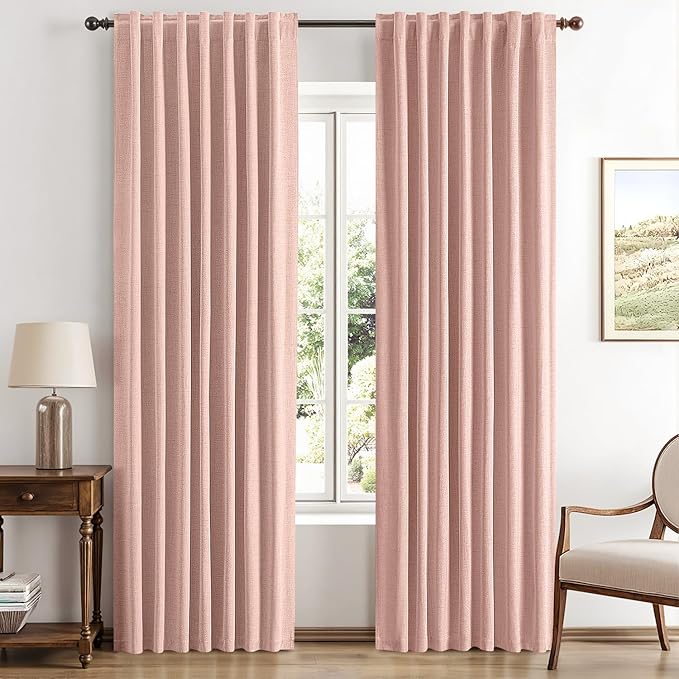 MIULEE 100% Blackout Linen Curtains for Bedroom, Blush Pink Solid Luxury Decor Thermal Insulation Room Darkening Drapes for Living Room Nursery Back Tab Rod Pocket 42 x 72 Inches, 2 Panels