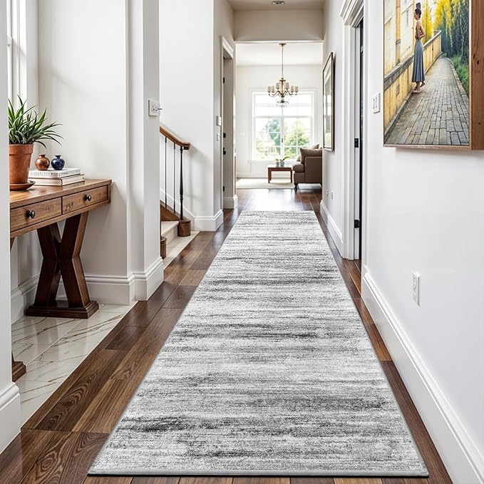 3x9 Washable Runner Rug for Family: Easy-to-Clean Runners for Hallway Entryway Kitchen Bedroom - Stain and Water Resistant Rugs with Non-Slip Backing - Soft Low-Pile Carpet Grey