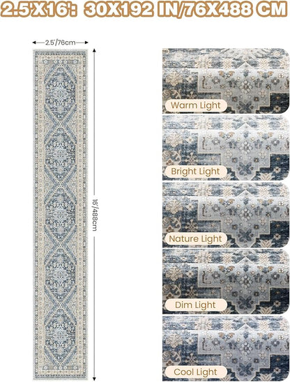 Washable Runner Rug 2.5x16, Non-Slip Long Kitchen Mats for Floor, Vintage Rug for Entryway, Soft Hallway Runner for Dining Room, Bedroom, Living Room(Blue/Beige,2.5'x16')