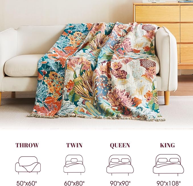 MSGKV Boho Throw Blanket for Couch 100% Cotton Floral Blanket 50"x60" Sofa Bed Chair Blanket All Seasons Farmhouse Muslin Spring Breathable Lightweight Blankets Home Decor