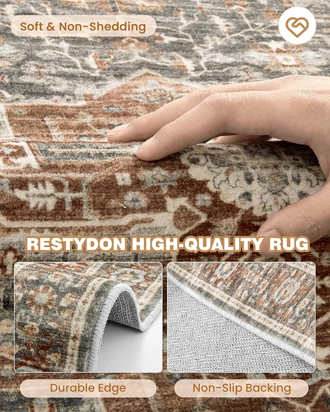 Runner Rug 2x8 Runners for Hallways Non Slip Washable, Vintage Hallway Runner Rugs for Living Room, Low Pile Soft Hallway Rug for Kitchen Bedroom Laundry Room Rug(Grey/Brown/Tan,2'x8')