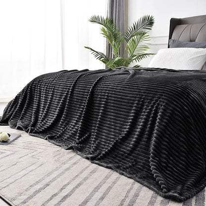 BEDELITE Fleece Throw Blanket for Couch – 3D Ribbed Jacquard Soft and Warm Decorative Fuzzy Blanket – Cozy, Fluffy, Plush Lightweight Black Throw Blankets for Bed, Sofa, 84x90 inches