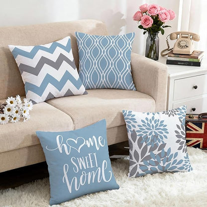 Hexagram Geometric Aqua Blue Pillow Covers 18x18 Set of 4, Decorative Outdoor Boho Modern Throw Pillow Covers, Home Sweet Home Farmhouse Cushion Case for Couch Sofa Bedroom Indoor Decor(No Insert)