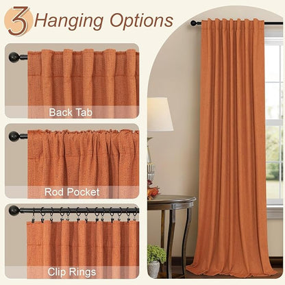 Pitalk Blackout Burnt Orange Curtain for Bedroom 96 Inch Length 2 Panels Back Tab Pocket Room Darkening Privacy Thermal Ochre Dark Orange Black Out Linen Drape for Living Room 52x96 Long Western Decor
