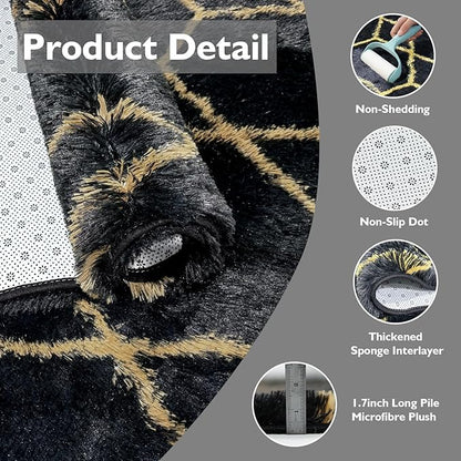 Shag Area Rug for Bedroom 5x8,Fluffy Area Rugs for Living Room,Geometric Soft Fuzzy Rug Non-Shedding Indoor Plush Carpet for Kids Bedroom Nursery Dorm Home Christmas,Black and Gold