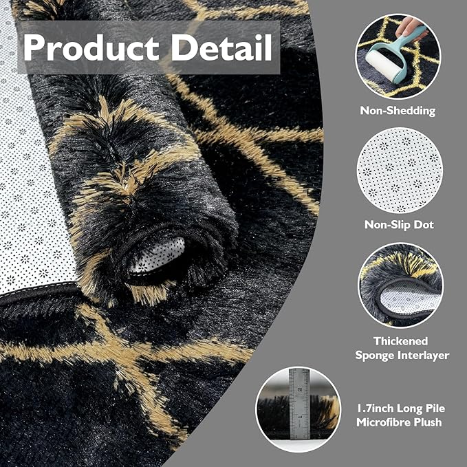 8x10 Fluffy Area Rugs for Living Room,Shag Area Rug for Bedroom,Geometric Soft Fuzzy Rug Non-Shedding Indoor Plush Carpet for Kids Bedroom Nursery Home Decor,Black and Gold