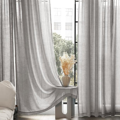 Linen Blend Grey Curtains for Living Room Back Tab Modern Farmhouse Semi Sheer Light Gray Curtains 120 inches Long 2 Panels Set Muted Neutral Cotton Texture Window Curtain for Dining Room Bedroom