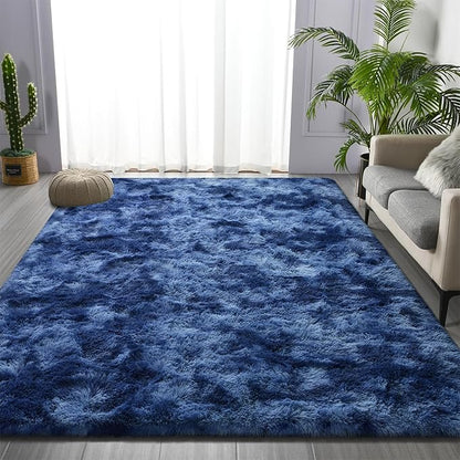 Deerhoo Large Shag Area Rugs 8 x 10, Plush Fuzzy Rugs for Living Room, Ultra Soft Fluffy Furry Rug for Bedroom, Indoor Carpet Nursery Rugs for Kids Room Home Decor, Tie-Dyed Navy Blue