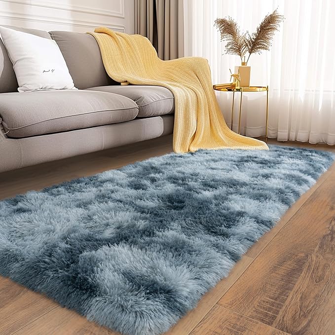 Soft Runner Rugs for Bedroom Hallways, 2x6 Tie-Dyed Blue Grey Fluffy Shag Throw Area Rug Non Slip for Bedside Dorm, Long Shaggy Furry Carpet for Nursery Living Room