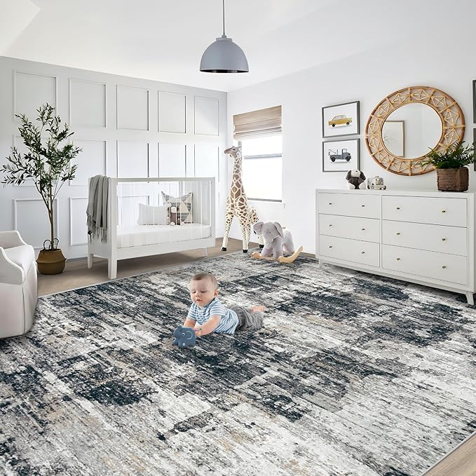 9x12 Area Rug for Living Room, Washable Modern Abstract Large Area Rug Neutral Soft Non Slip Kids Rug Stain Resistant Indoor Carpet for Bedroom Dining Room Playroom Office(BlackGrey, 9'x12')