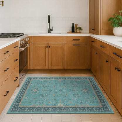 3x4 Teal Rugs for Entryway Indoor - Washable Non Skid Area Rug for Large Kitchen, Bedside, Bathroom, Mudroom, Boho Geometric Floral Design, Non Slip Low Pile Fade Resistant