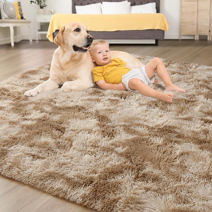 Tepook Soft Fluffy Rugs for Bedroom, 4x6 Area Rug for Living Room, Modern Shaggy Room Rug for Kids Boys Girls, Plush Throw Rugs Indoor Nursery Home Decor Rug with Non-Slip Bottom, Tie-Dyed Beige