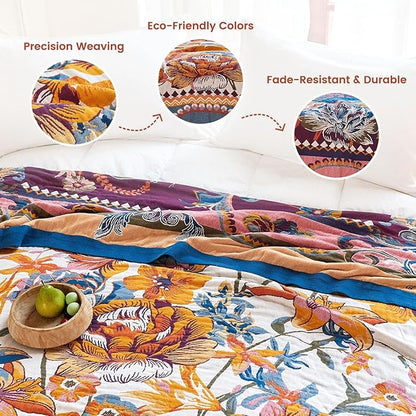 MSGKV Boho Throw Blanket 60"x80" Bed Floral 100% Cotton Blanket Spring Breathable Lightweight Twin Couch Blankets All Seasons Home Decor Muslin